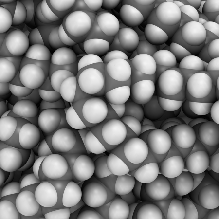 Polyethylene (PE, polythene, polyethene) plastic, chemical structure - detail. Atoms are represented as spheres with conventional color coding: hydrogen (white), carbon (grey)