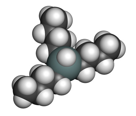 Tributyltin hydride molecule. Organotin reagent, used in organic synthesis. Atoms are represented as spheres with conventional color coding: hydrogen (white), carbon (grey), tin (grey-blue).