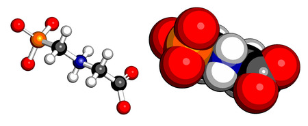 Glyphosphate herbicide molecule. Crops resistant to glyphosphate (genetically modified organisms, GMO) have been produced by genetic engineering. Atoms represented as spheres with conventional color.のイラスト素材