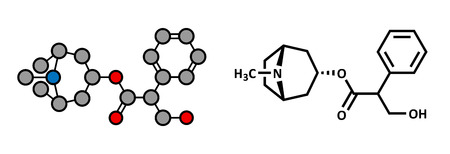 Atropine deadly nightshade (Atropa belladonna) alkaloid molecule. Medicinal drug and poison also found in Jimson weed (Datura stramonium) and mandrake (Mandragora officinarum). Atoms are represented as spheres with conventional color coding: hydrogen (whiのイラスト素材