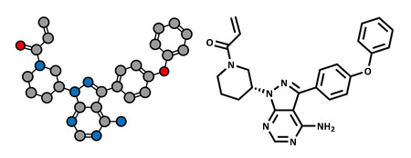 Ibrutinib cancer drug molecule. Used in treatment of mantle cell lymphoma and chronic lymphocytic leukemia (CLL). Atoms are represented as spheres with conventional color coding: hydrogen (white), carbon (grey), oxygen (red), nitrogen (blue).のイラスト素材