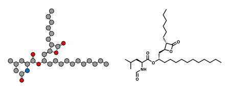 Orlistat obesity drug, chemical structure. Conventional skeletal formula and stylized representation, showing atoms (except hydrogen) as color coded circles.のイラスト素材