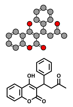 Warfarin anticoagulant drug, chemical structure. Used in thrombosis and thromboembolism prevention. Conventional skeletal formula and stylized representation, showing atoms (except hydrogen) as color coded circles.