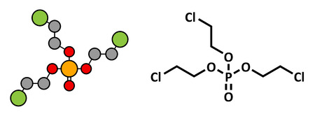 TCEP [tris(2-chloroethyl) phosphate] molecule. Used as flame retardant and plasticizer in production of polymers. Suspected to have toxic effect on reproduction. Stylized 2D rendering and conventional skeletal formula.のイラスト素材