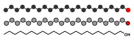 Docosanol (behenyl alcohol) antiviral drug molecule. Used in treatment of cold sores (herpes simplex virus). Conventional skeletal formula and stylized representations.のイラスト素材