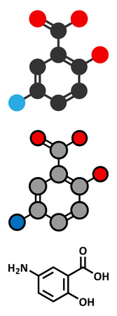 Mesalazine (mesalamine, 5-aminosalicylic acid) inflammatory bowel disease drug molecule. Conventional skeletal formula and stylized representations.のイラスト素材