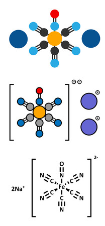 Sodium nitroprusside (SNP) antihypertensive drug molecule. Stylized 2D renderings and conventional skeletal formula.のイラスト素材