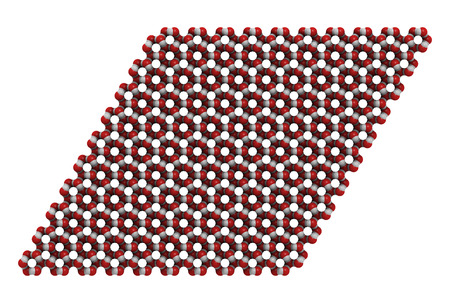 Ice (frozen water, hexagonal), crystal structure. Atoms shown as color coded spheres: oxygen, red; hydrogen, white.の写真素材