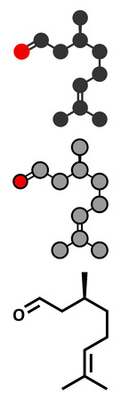Citronellal citronella oil molecule. Used in insect repellents. Stylized 2D renderings and conventional skeletal formula.のイラスト素材