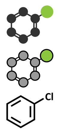 Chlorobenzene industrial solvent molecule. Stylized 2D renderings and conventional skeletal formula.のイラスト素材