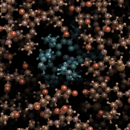 Intrinsic factor (IF) protein. Glycoprotein produced in the stomach, necessary for absorption of vitamin B12 (cobalamin). 3D illustration. Atoms shown as color coded spheres. Per molecule coloring. Detail of the vitamin B12 binding site.の写真素材
