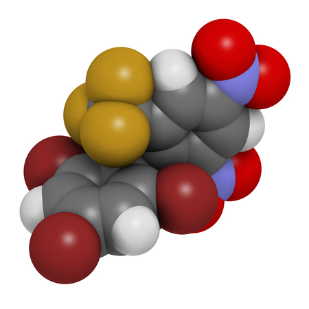 Bromethalin rodenticide molecule (rat poison). 3D rendering. Atoms are represented as spheres with conventional color coding: hydrogen (white), carbon (grey), nitrogen (blue), oxygen (red), bromine (brown), fluorine (gold).