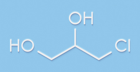 3-MCPD carcinogenic food by-product molecule. Produced when hydrochloric acid is added to food to speed up protein hydrolysis. Skeletal formula.の写真素材