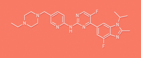 Abemaciclib cancer drug molecule (CDK inhibitor). Skeletal formula.の写真素材