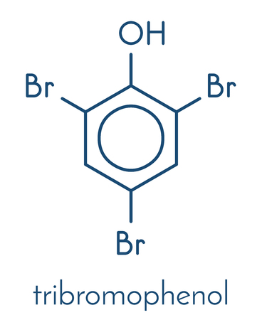 Tribromophenol (TBP, 2,4,6-Tribromophenol) molecule. Used as fungicide and wood preservative; Skeletal formula.のイラスト素材