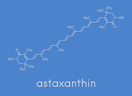 Astaxanthin pigment molecule. Carotenoid responsible for the pink-red color of salmon, lobsters and shrimps. Used as food dye (E161j) and antioxidant food supplement. Skeletal formula.の写真素材