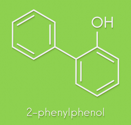 2-phenylphenol preservative molecule. Biocide used as food additive, preservative, and disinfectant.  Skeletal formula.