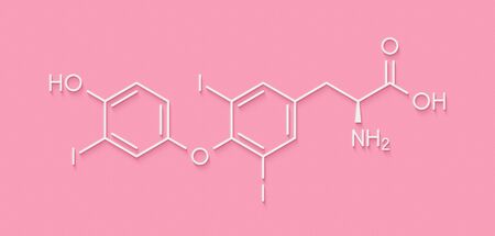 Triiodothyronine (T3, liothyronine) thyroid hormone molecule. Pituitary gland hormone. Also used as drug to treat hypothyroidism. Skeletal formula.の写真素材