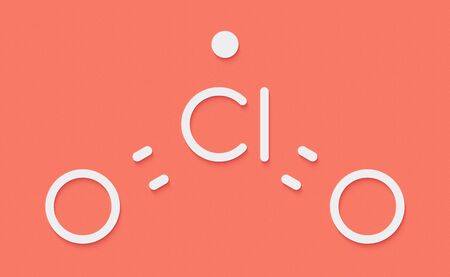 Chlorine dioxide (ClO2) molecule. Used in pulp bleaching and for disinfection of drinking water. Skeletal formula.の写真素材