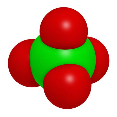 Perchlorate anion, chemical structure. Salts are used in rocket propellants.  3D rendering. Atoms are represented as spheres with conventional color coding: chlorine (green), oxygen (red).