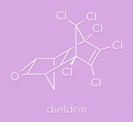 Dieldrin pesticide molecule. Insecticide that persists for very long time in environment (Persistent Organic Pollutant). Skeletal formula.の写真素材