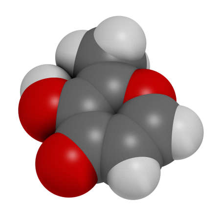 Maltol food additive molecule (E636). 3D rendering. Atoms are represented as spheres with conventional color coding: hydrogen (white), carbon (grey), oxygen (red).の写真素材