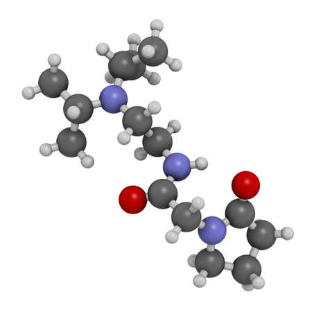 Pramiracetam drug molecule. 3D rendering. Atoms are represented as spheres with conventional color coding: hydrogen (white), carbon (grey), oxygen (red), nitrogen (blue).の写真素材