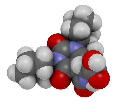 Daprodustat drug molecule (HIF prolyl-hydroxylase inhibitor). 3D rendering. Atoms are represented as spheres with conventional color coding: hydrogen (white), carbon (grey), nitrogen (blue), oxygen (red).の写真素材