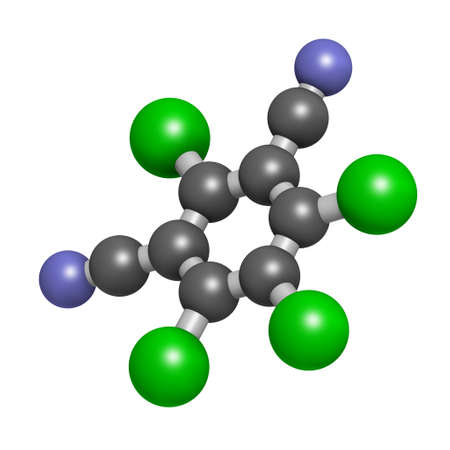 Chlorothalonil pesticide molecule. 3D rendering. Atoms are represented as spheres with conventional color coding: carbon (grey), nitrogen (blue), chlorine (green).の写真素材