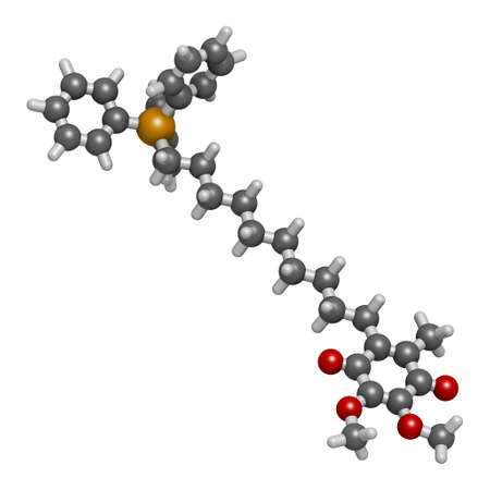 Mitoquinone or mitoQ molecule. 3D rendering. Atoms are represented as spheres with conventional color coding: hydrogen (white), carbon (grey), oxygen (red), phosphorus (orange).の写真素材