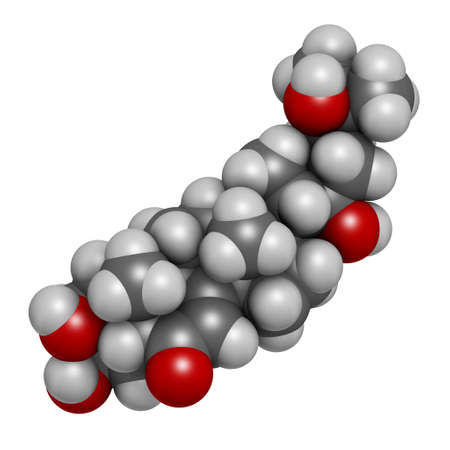 Ecdysone insect molting prohormone. 3D rendering. Atoms are represented as spheres with conventional color coding: hydrogen (white), carbon (grey), oxygen (red).の写真素材