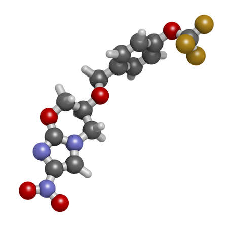 Pretomanid tuberculosis drug molecule. 3D rendering. Atoms are represented as spheres with conventional color coding: hydrogen (white), carbon (grey), nitrogen (blue), oxygen (red), fluorine (gold).の写真素材