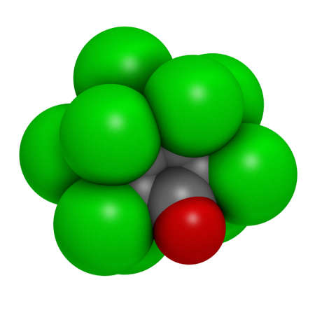 Chlordecone or kepone pesticide molecule. 3D rendering. Atoms are represented as spheres with conventional color coding: carbon (grey), oxygen (red), chlorine (green).の写真素材