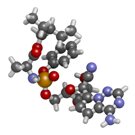 Remdesivir antiviral drug molecule.  3D rendering. Atoms are represented as spheres with conventional color coding: hydrogen (white), carbon (grey), nitrogen (blue), oxygen (red), phosphorus (orange).の写真素材
