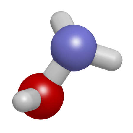 Hydroxylamine molecule. 3D rendering. Atoms are represented as spheres with conventional color coding: hydrogen (white), oxygen (red), nitrogen (blue).の写真素材