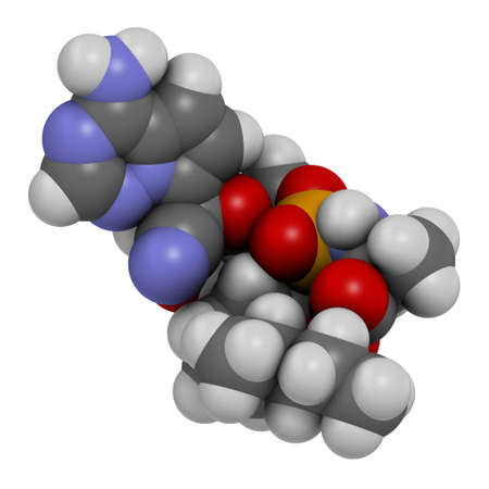 Remdesivir antiviral drug molecule.  3D rendering. Atoms are represented as spheres with conventional color coding: hydrogen (white), carbon (grey), nitrogen (blue), oxygen (red), phosphorus (orange).の写真素材