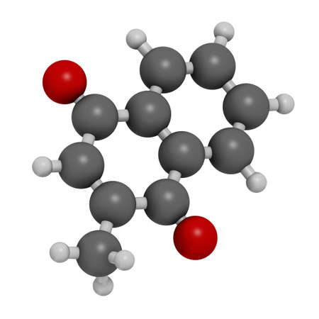 Vitamin K3 or menadione molecule. 3D rendering. Atoms are represented as spheres with conventional color coding: hydrogen (white), carbon (grey), oxygen (red).の写真素材