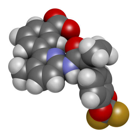 Lumacaftor cystic fibrosis drug molecule. 3D rendering. Atoms are represented as spheres with conventional color coding: hydrogen (white), carbon (grey), nitrogen (blue), oxygen (red), fluorine (gold).の写真素材