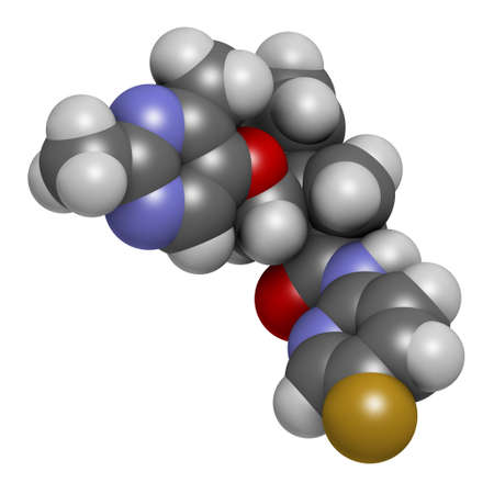 Lemborexant insomnia drug molecule. 3D rendering. Atoms are represented as spheres with conventional color coding: hydrogen (white), carbon (grey), nitrogen (blue), oxygen (red), fluorine (gold).の写真素材
