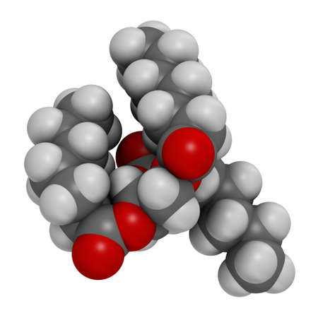 Triheptanoin drug molecule. 3D rendering. Atoms are represented as spheres with conventional color coding: hydrogen (white), carbon (grey), oxygen (red).の写真素材