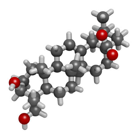 Hederagenin common ivy molecule. 3D rendering. Atoms are represented as spheres with conventional color coding: hydrogen (white), carbon (grey), oxygen (red).の写真素材