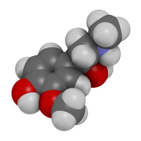 Metanephrine (metadrenaline) molecule. Metabolite of epinephrine that is biomarker for pheochromocytoma. 3D rendering. Atoms are represented as spheres with conventional color coding: hydrogen (white), carbon (grey), oxygen (red), nitrogen (blue).の写真素材
