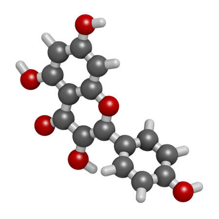 Kaempferol antioxidant molecule. 3D rendering. Atoms are represented as spheres with conventional color coding: hydrogen (white), carbon (grey), oxygen (red).の写真素材