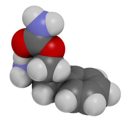 Solriamfetol drug molecule. 3D rendering. Atoms are represented as spheres with conventional color coding: hydrogen (white), carbon (grey), nitrogen (blue), oxygen (red).の写真素材