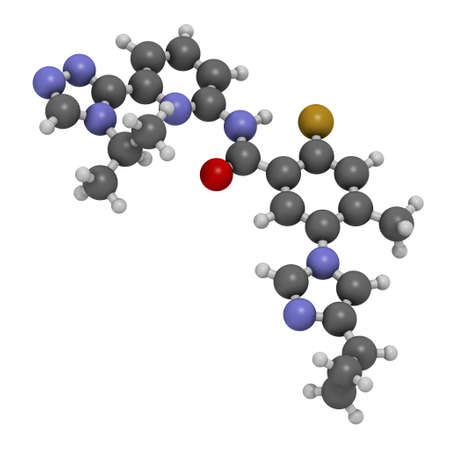 Selonsertib drug molecule. 3D rendering. Atoms are represented as spheres with conventional color coding: hydrogen (white), carbon (grey), nitrogen (blue), oxygen (red), fluorine (gold).の写真素材