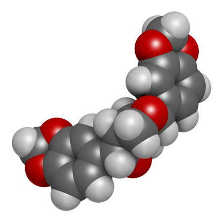 Sesamin molecule. Lignan present in sesame oil. 3D rendering. Atoms are represented as spheres with conventional color coding: hydrogen (white), carbon (grey), oxygen (red).の写真素材