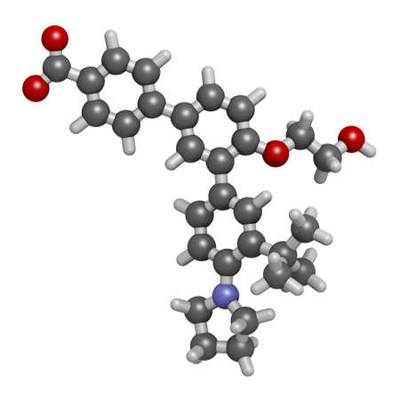 Trifarotene acne drug molecule. 3D rendering. Atoms are represented as spheres with conventional color coding: hydrogen (white), carbon (grey), nitrogen (blue), oxygen (red).の写真素材