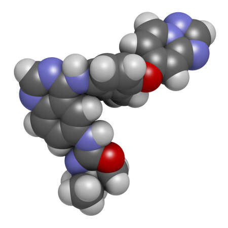 Tucatinib cancer drug molecule. 3D rendering. Atoms are represented as spheres with conventional color coding: hydrogen (white), carbon (grey), nitrogen (blue), oxygen (red).の写真素材