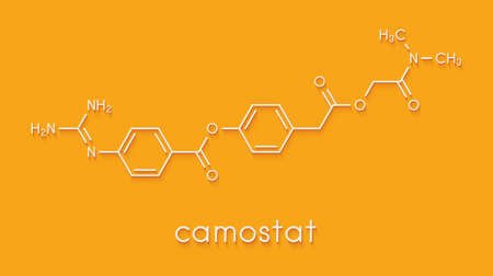 Camostat drug molecule. Serine protease inhibitor, investigated for treatment of Covid-19. Skeletal formula.の写真素材
