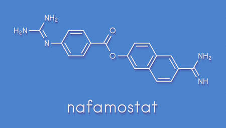 Nafamostat drug molecule (serine protease inhibitor). Skeletal formula.の写真素材